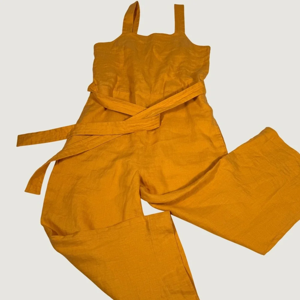 Everlane Linen Wide Leg Crop Jumpsuit 0 Gold/Orange Sleeveless Tie Waist Pockets
